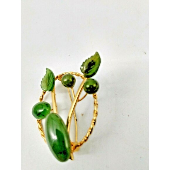 Vintage Green Jade Floral Spray Gold Tone Brooch 1.5" X 2" - Picture 6 of 10
